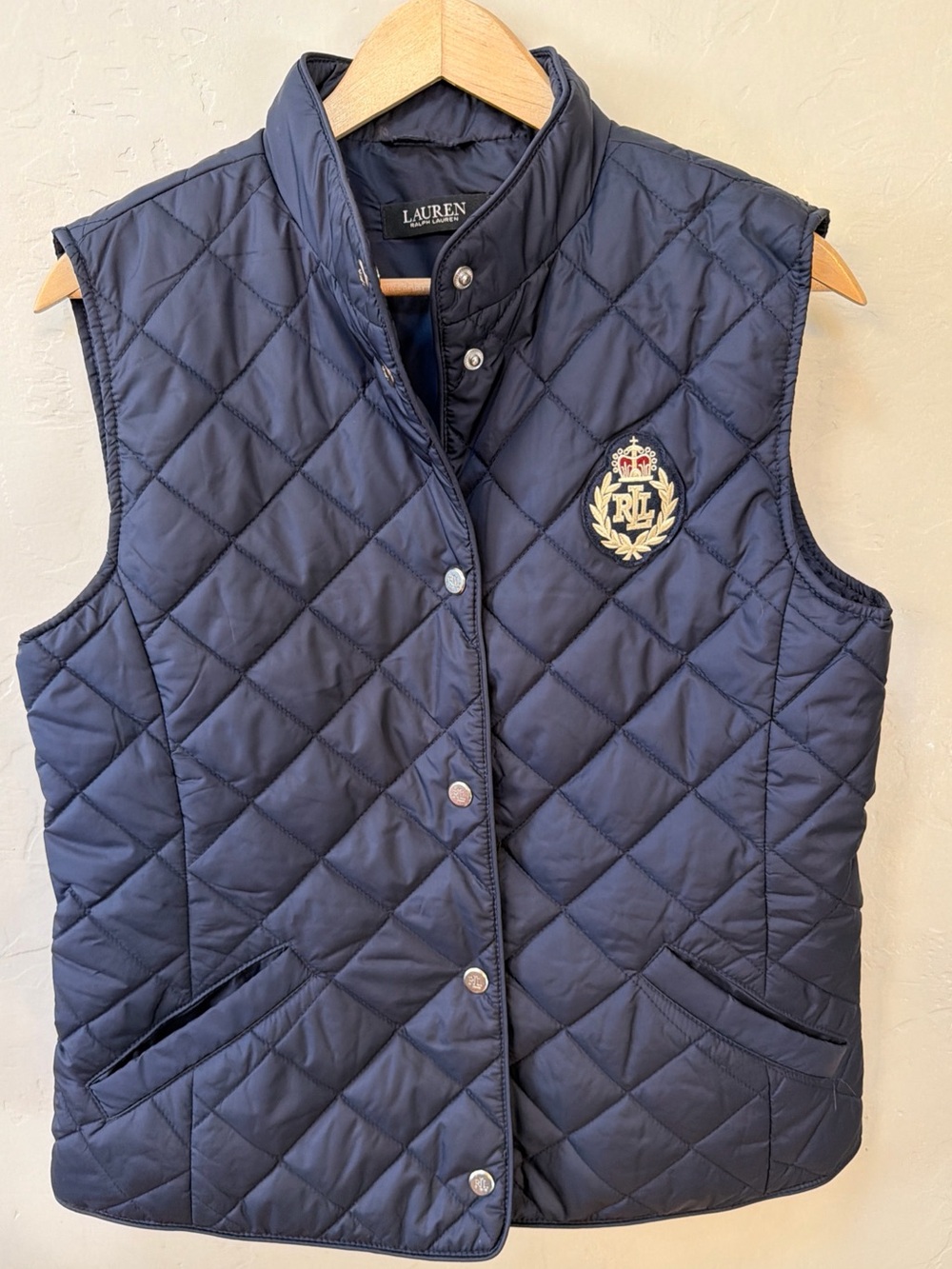 Ralph Lauren Black Label Womens Quilted Puffer Vest Crest Patch Navy Blue size S